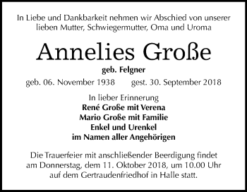 Traueranzeige von Annelies Große von Mitteldeutsche Zeitung Halle/Saalkreis