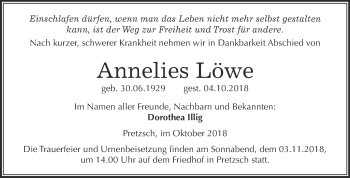 Traueranzeige von Annelies Löwe von WVG - Wochenspiegel Wittenberg