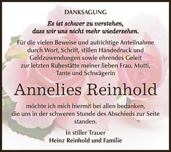 Traueranzeige von Annelies Reinhold von WVG - Wochenspiegel NMB / WSF / ZTZ