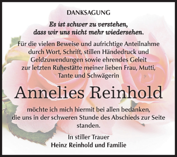 Traueranzeige von Annelies Reinhold von Mitteldeutsche Zeitung Weißenfels