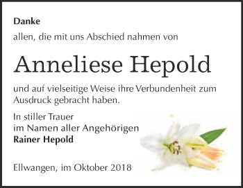 Traueranzeige von Anneliese Hepold von WVG - Wochenspiegel Wittenberg