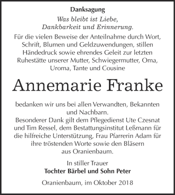 Traueranzeige von Annemarie Franke von WVG - Wochenspiegel Wittenberg