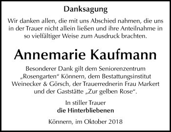 Traueranzeige von Annemarie Kaufmann von Mitteldeutsche Zeitung Bernburg