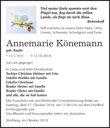 Traueranzeige von Annemarie Könemann von Mitteldeutsche Zeitung