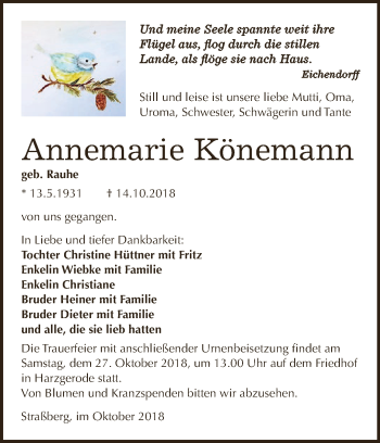 Traueranzeige von Annemarie Könemann von Super Sonntag SGH Mansf. Land