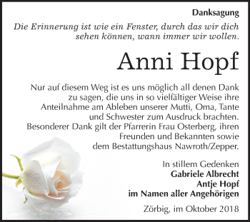 Traueranzeige von Anni Hopf von Mitteldeutsche Zeitung Bitterfeld