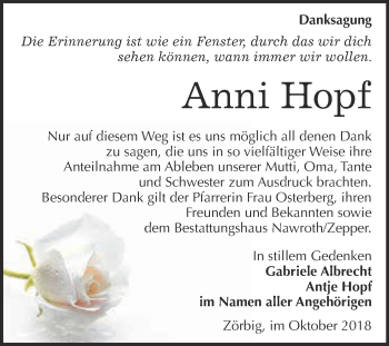 Traueranzeige von Anni Hopf von WVG - Wochenspiegel Bitterfeld