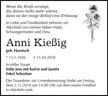 Traueranzeige von Anni Kießig von Mitteldeutsche Zeitung