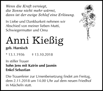 Traueranzeige von Anni Kießig von WVG - Wochenspiegel Merseburg