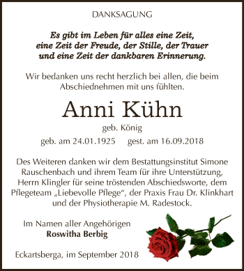 Traueranzeige von Anni Kühn von WVG - Wochenspiegel NMB / WSF / ZTZ