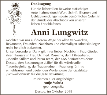 Traueranzeige von Anni Lungwitz von WVG - Wochenspiegel Dessau / Köthen