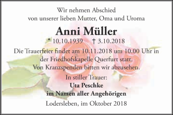 Traueranzeige von Anni Müller von Super Sonntag Merseburg