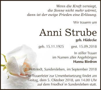 Traueranzeige von Anni Strube von Wochenspiegel Mansfelder Land