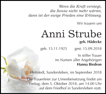 Traueranzeige von Anni Strube von Mitteldeutsche Zeitung