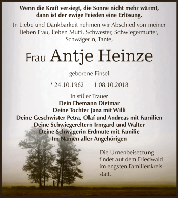 Traueranzeige von Antje Heinze von WVG - Wochenspiegel NMB / WSF / ZTZ