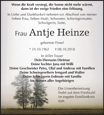 Traueranzeige von Antje Heinze von Mitteldeutsche Zeitung Weißenfels