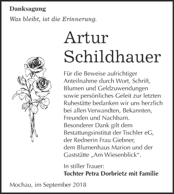 Traueranzeige von Artur Schildhauer von WVG - Wochenspiegel Wittenberg
