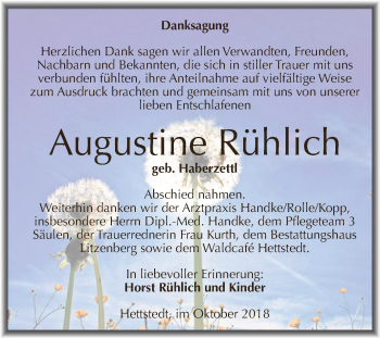Traueranzeige von Augustine Rühlich von Super Sonntag SGH Mansf. Land