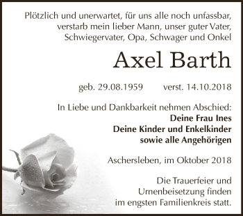 Traueranzeige von Axel Barth von Super Sonntag Aschersleben