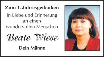 Traueranzeige von Beate Wiese von WVG - Wochenspiegel Bitterfeld