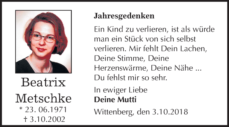  Traueranzeige für Beatrix Metschke vom 04.10.2018 aus Mitteldeutsche Zeitung