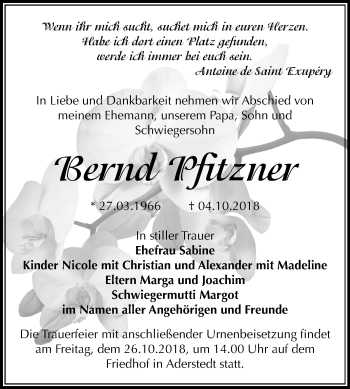 Traueranzeige von Bernd Pfitzner von Mitteldeutsche Zeitung Bernburg