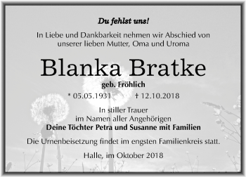Traueranzeige von Blanka Bratke von Mitteldeutsche Zeitung Halle/Saalkreis