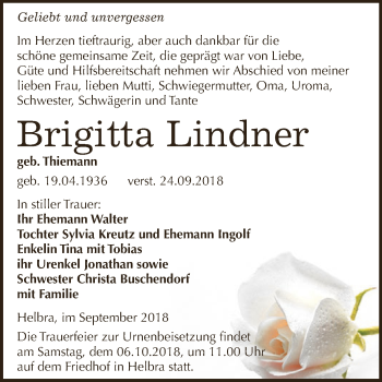 Traueranzeige von Brigitta Lindner von Wochenspiegel Mansfelder Land