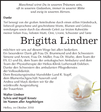Traueranzeige von Brigitta Lindner von Mitteldeutsche Zeitung