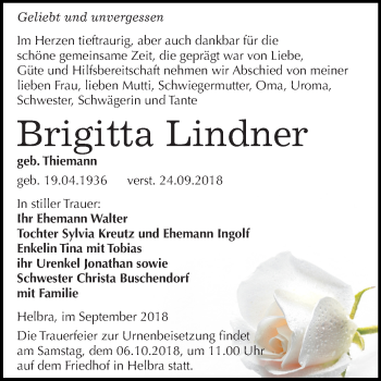 Traueranzeige von Brigitta Lindner von Mitteldeutsche Zeitung