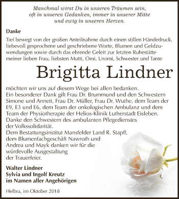 Traueranzeige von Brigitta Lindner von Wochenspiegel Mansfelder Land