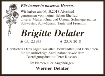 Traueranzeige von Brigitte Delater von WVG - Wochenspiegel Dessau / Köthen