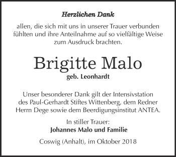 Traueranzeige von Brigitte Malo von Super Sonntag Wittenberg