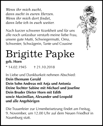 Traueranzeige von Brigitte Papke von Mitteldeutsche Zeitung