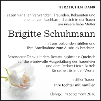 Traueranzeige von Brigitte Schuhmann von Mitteldeutsche Zeitung Köthen