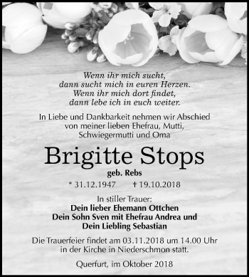 Traueranzeige von Brigitte Stops von Mitteldeutsche Zeitung Halle/Saalkreis