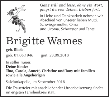 Traueranzeige von Brigitte Wames von WVG - Wochenspiegel Bitterfeld