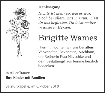 Traueranzeige von Brigitte Wames von WVG - Wochenspiegel Bitterfeld