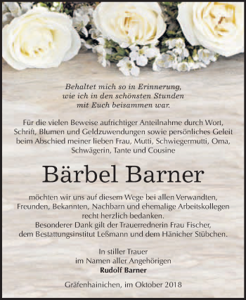 Traueranzeige von Bärbel Barner von WVG - Wochenspiegel Wittenberg