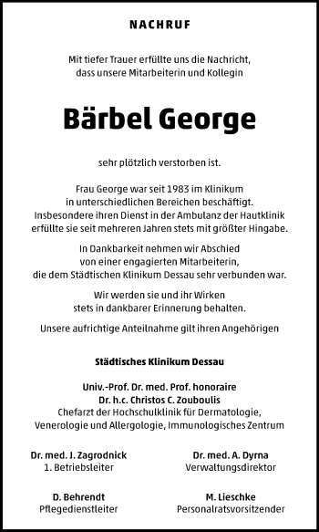 Traueranzeige von Bärbel George von Mitteldeutsche Zeitung Dessau-Roßlau