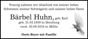 Traueranzeige von Bärbel Huhn von Mitteldeutsche Zeitung Bernburg