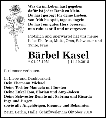 Traueranzeige von Bärbel Kasel von Mitteldeutsche Zeitung Zeitz