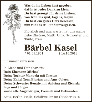 Traueranzeige von Bärbel Kasel von Super Sonntag Zeitz