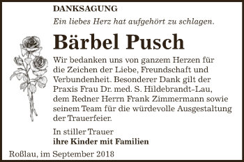 Traueranzeige von Bärbel Pusch von WVG - Wochenspiegel Dessau / Köthen
