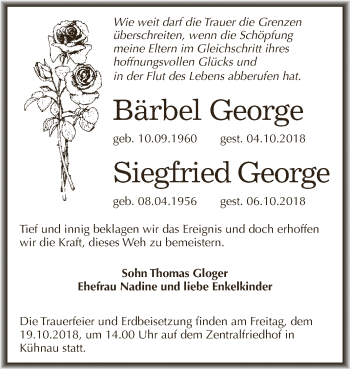 Traueranzeige von Bärbel und Siegfried George von WVG - Wochenspiegel Dessau / Köthen
