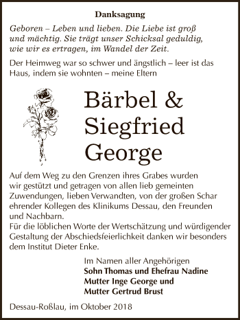Traueranzeige von Bärbel und Siegfried George von WVG - Wochenspiegel Dessau / Köthen