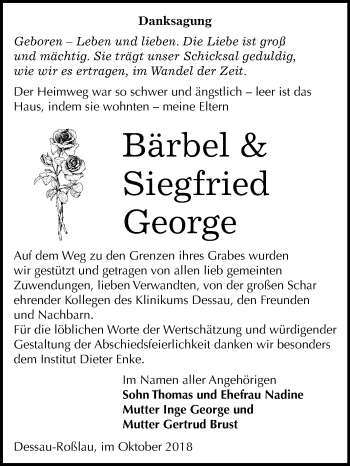 Traueranzeige von Bärbel und Siegfried George von Mitteldeutsche Zeitung Dessau-Roßlau