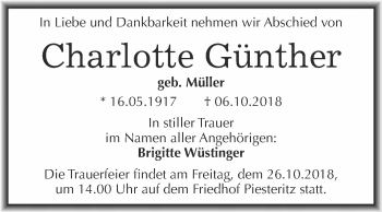 Traueranzeige von Charlotte Günther von Super Sonntag Wittenberg