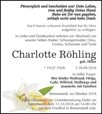 Traueranzeige von Charlotte Röhling von Mitteldeutsche Zeitung Halle/Saalkreis