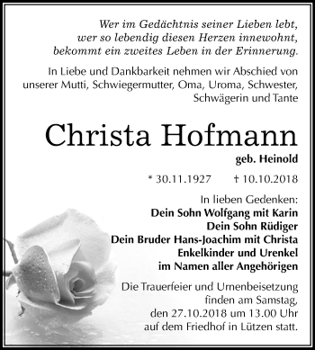 Traueranzeige von Christa Hofmann von Mitteldeutsche Zeitung Weißenfels